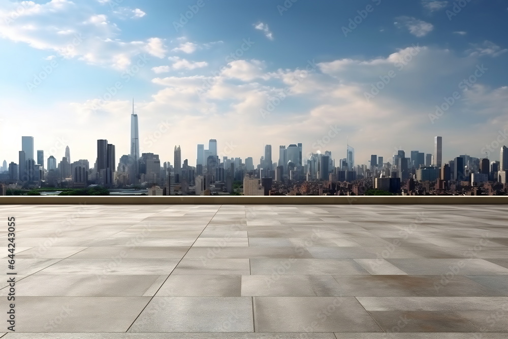 Empty concrete rooftop on the background of a beautiful cityscape skyline at daytime, mockup