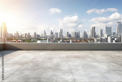 Empty concrete rooftop on the background of a beautiful cityscape skyline at daytime, mockup