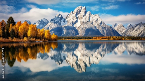  a breathtaking image of the Grand Tetons reflected in a glassy alpine lake surrounded by colorful fall foliage 