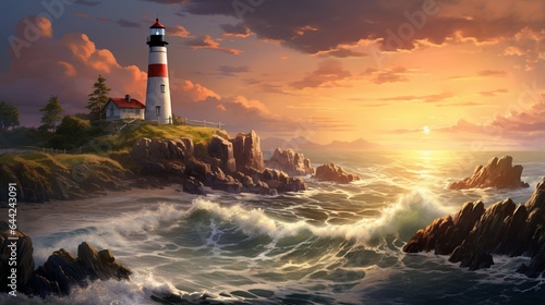  a picturesque view of a rustic lighthouse standing tall on a rocky coastline waves crashing around it 