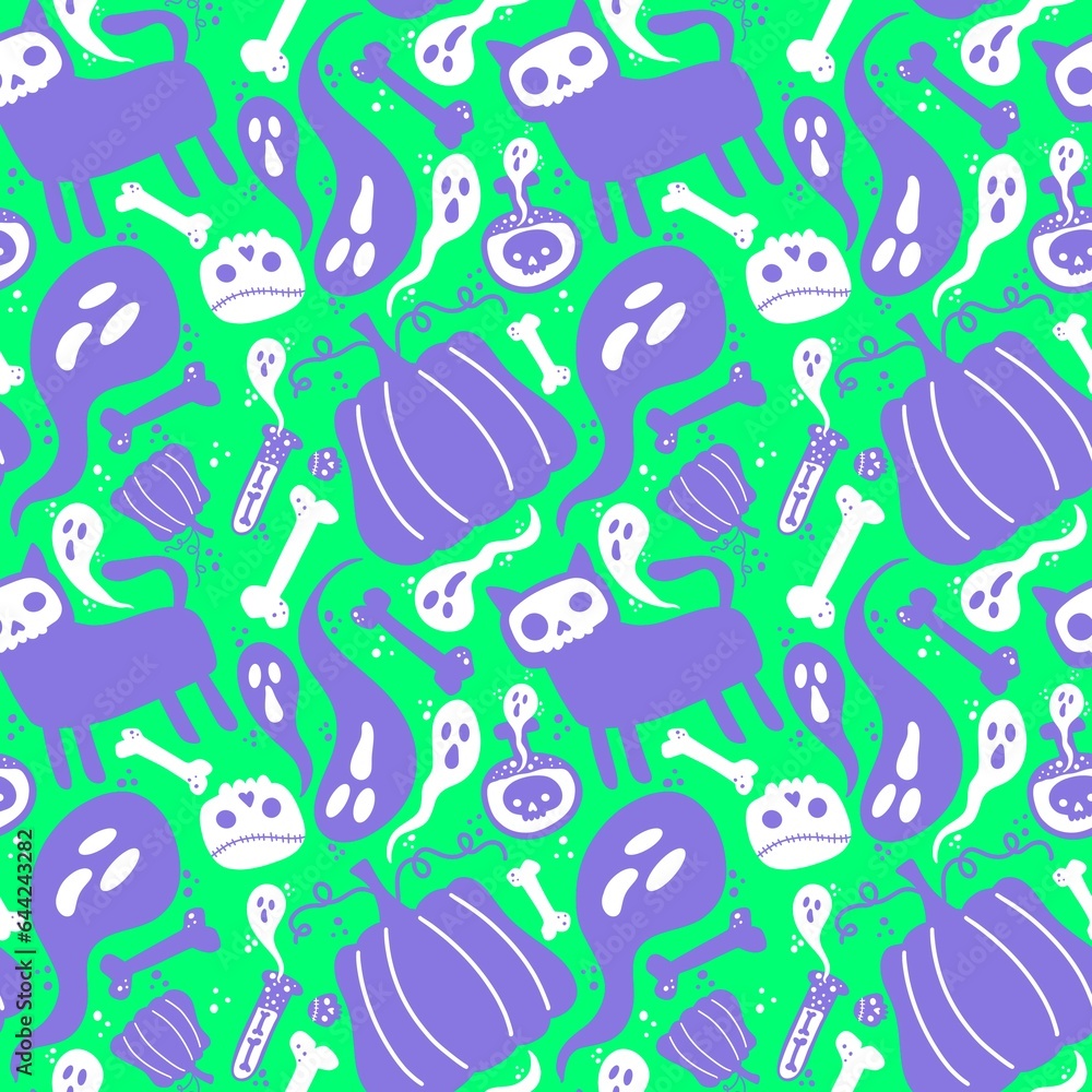Halloween cat and pumpkins seamless ghost and skulls and poison pattern for wrapping paper and fabrics
