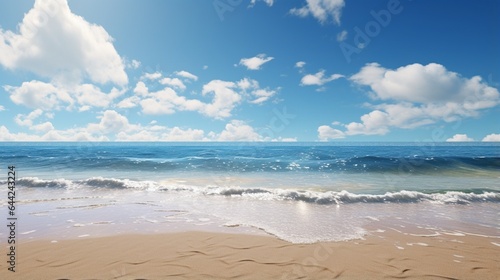  a picture-perfect coastal view with waves gently crashing on a pristine sandy beach under a clear blue sky 
