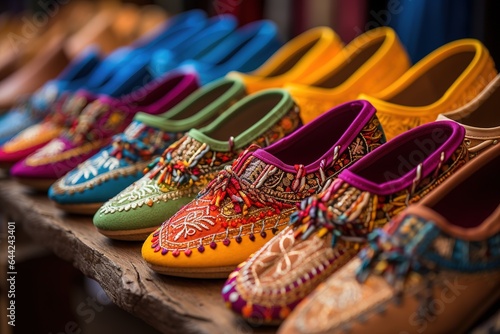 Close-up image of unrecognisable market vendor selling footwear, ethnic, multicoloured embroidered shoes displayed in rows on floor, elevated view
