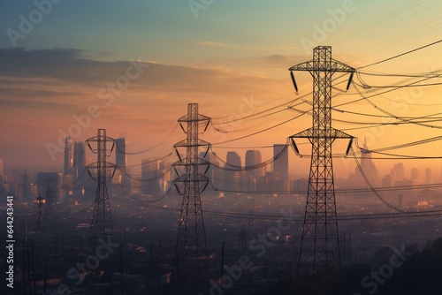 Electricity transmission towers against a hazy urban skyline at dusk. Generative AI