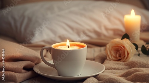 Glass cup of coffee with burning candle on white table in bedroom 