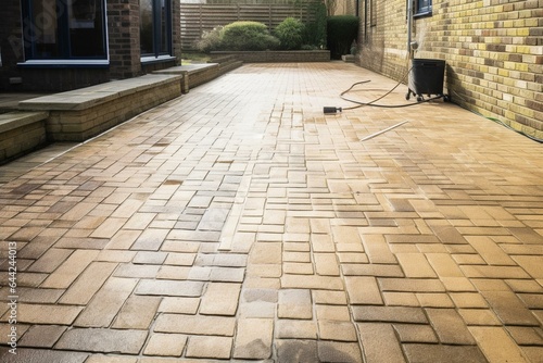 Intensive washing to clean block paving in professional cleaning services. Generative AI