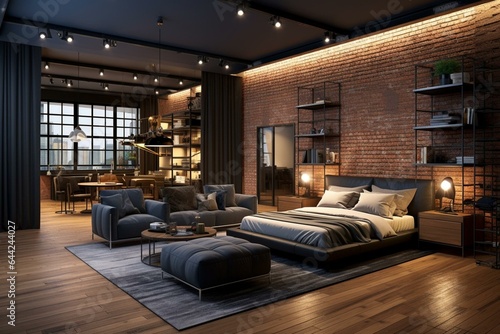 Dark-toned luxury loft style studio apartment featuring a free layout. Stylish modern space with wooden floor parquet and 3D panel wall. Visualized with 3D rendering. Generative AI