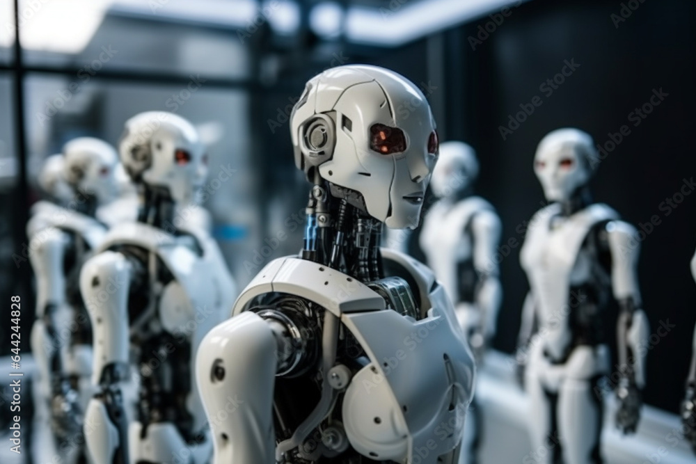 artificial intelligence and humanoid android robots, human appearance, white outer shell, factory or mass production, standing, upper body, technology and automation, autonomous robots artificial intelligence and humanoid android robots, human appearance, white outer shell, factory or mass production, standing, upper body, technology and automation, autonomous robots