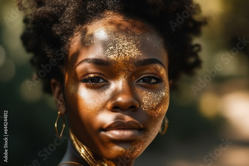 young adult woman, dark tanned skin color or black people, african american or african or south american, gold make-up, golden glittering make-up 