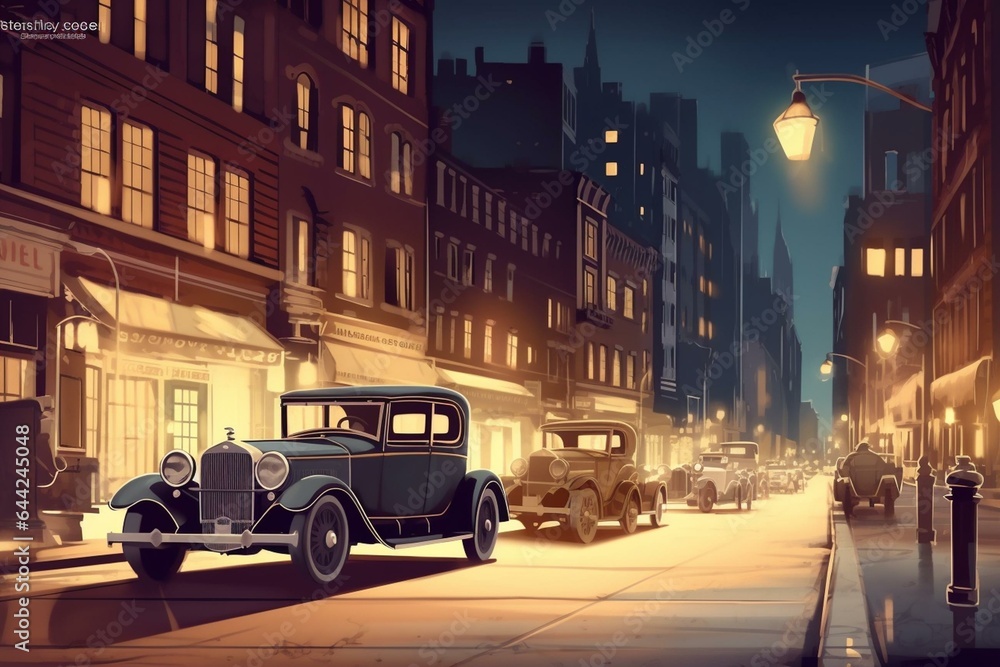 Vintage digital illustration of New York City streets at night with classic cars from the 1920s. Old-school NYC concept art wallpaper. Generative AI