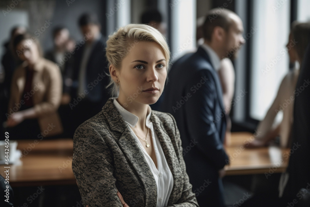 Mature adult woman, Caucasian, 30s 40s, dyed blonde hair hairstyle, slim, wearing dark business suit and tan light shirt, cozy casual serious, business woman Mature adult woman, Caucasian, 30s 40s, dyed blonde hair hairstyle, slim, wearing dark business suit and tan light shirt, cozy casual serious, business woman