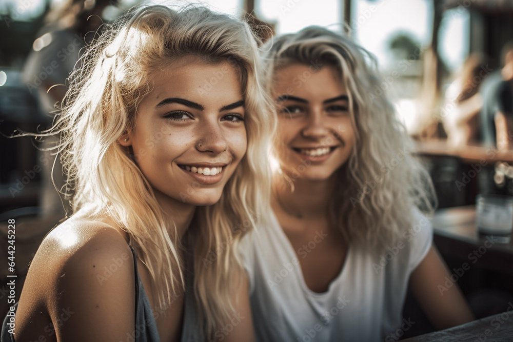 two young adult women or teenage girls, 20s, caucasian, joy and fun , free time or weekend or party in a small town or rural life or on vacation, fictitious place two young adult women or teenage girls, 20s, caucasian, joy and fun , free time or weekend or party in a small town or rural life or on vacation, fictitious place