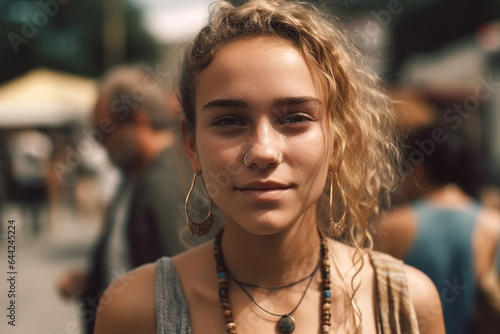 woman wearing headband, cau...