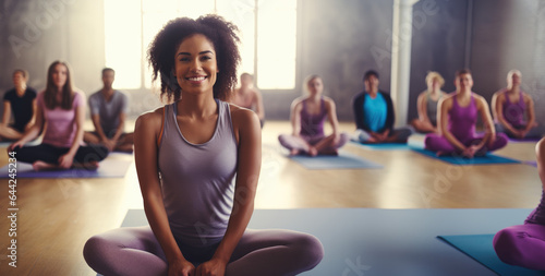 Obraz na plátně Woman smiling at a workout yoga class