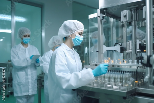 Medical vials production line: people with sanitary gloves and personal protective equipment checking pharmaceutical bottles in a sterile factory