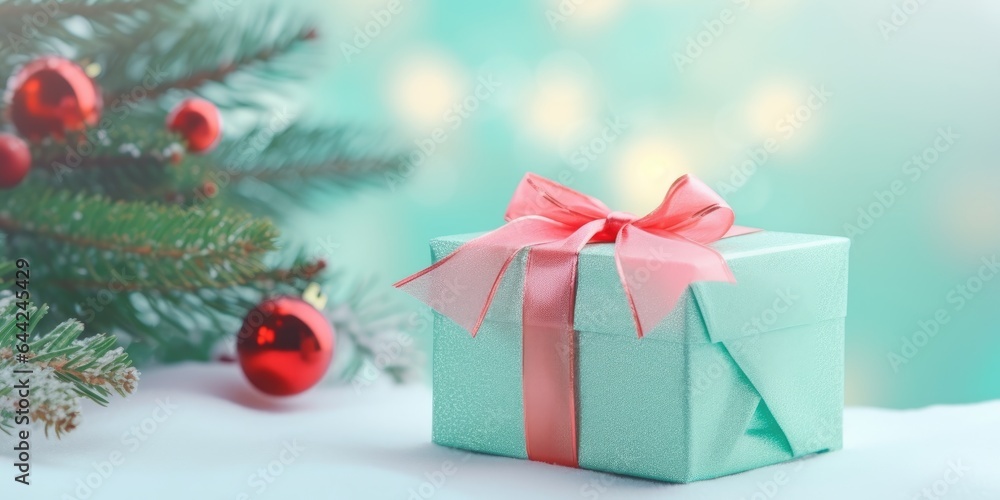 Festive decorated Christmas tree with gifts box. Merry Christmas and Happy new year. Holiday background soft pastel colors with gift surprise under the xmas tree Festive decorated Christmas tree with gifts box. Merry Christmas and Happy new year. Holiday background soft pastel colors with gift surprise under the xmas tree