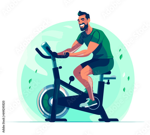 Sporty man on exercise bike. Sports, Workout at home or in gym. Riding indoors sport exercise bicycle. Cardio fitness training equipment. Side view, vector illustration