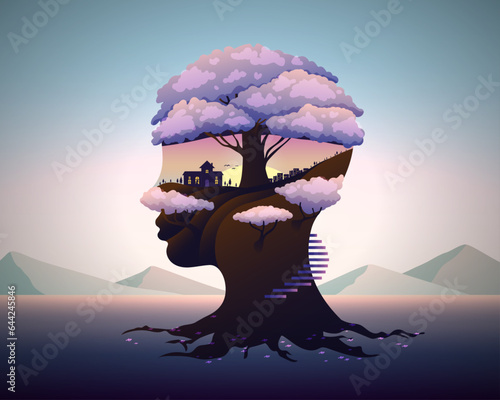 Double exposure silhouette of human head with growth and development concept photo