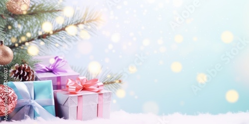 Festive decorated Christmas tree with gifts box. Merry Christmas and Happy new year. Holiday background soft pastel colors with gift surprise under the xmas tree © megavectors