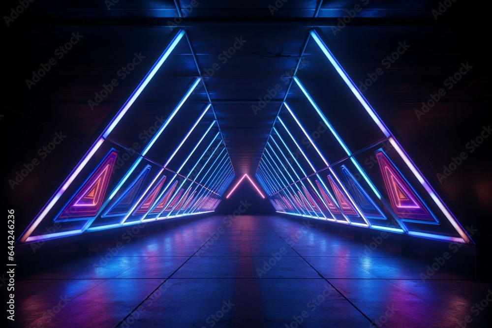 Triangular neon tunnel with purple and blue hues leads to underground garage. Generative AI
