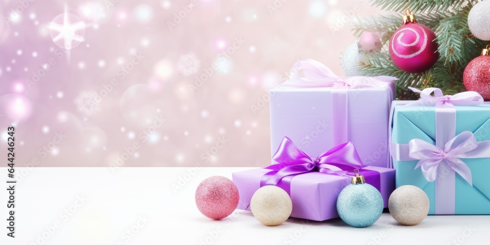 Festive decorated Christmas tree with gifts box. Merry Christmas and Happy new year. Holiday background soft pastel colors with gift surprise under the xmas tree