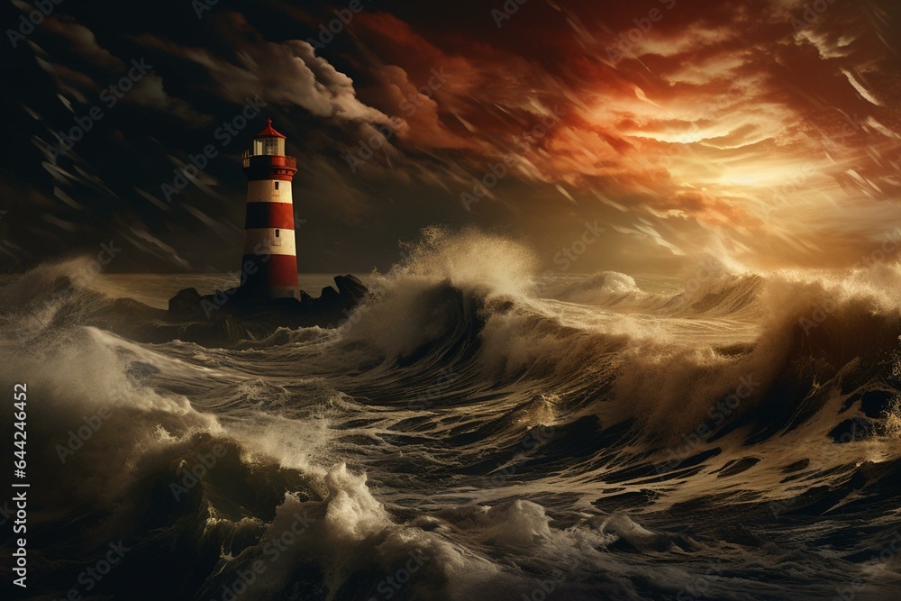 Artistic depiction of lighthouse in stormy landscape representing climate change. Generative AI
