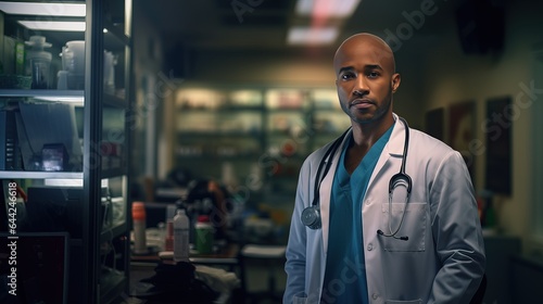 Doctor at the hospital. Black man. Male medic portrait at workplace. Generative AI.