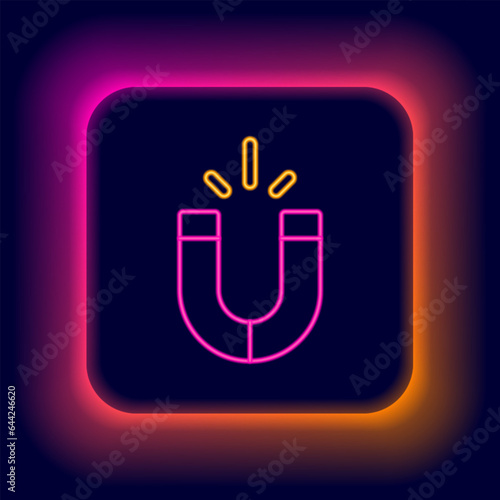 Glowing neon line Magnet icon isolated on black background. Horseshoe magnet, magnetism, magnetize, attraction. Colorful outline concept. Vector