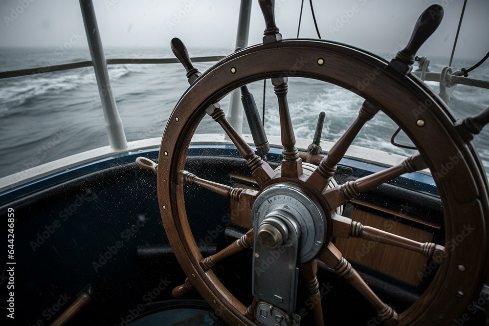 Stormy seas steering wheel. Generative AI