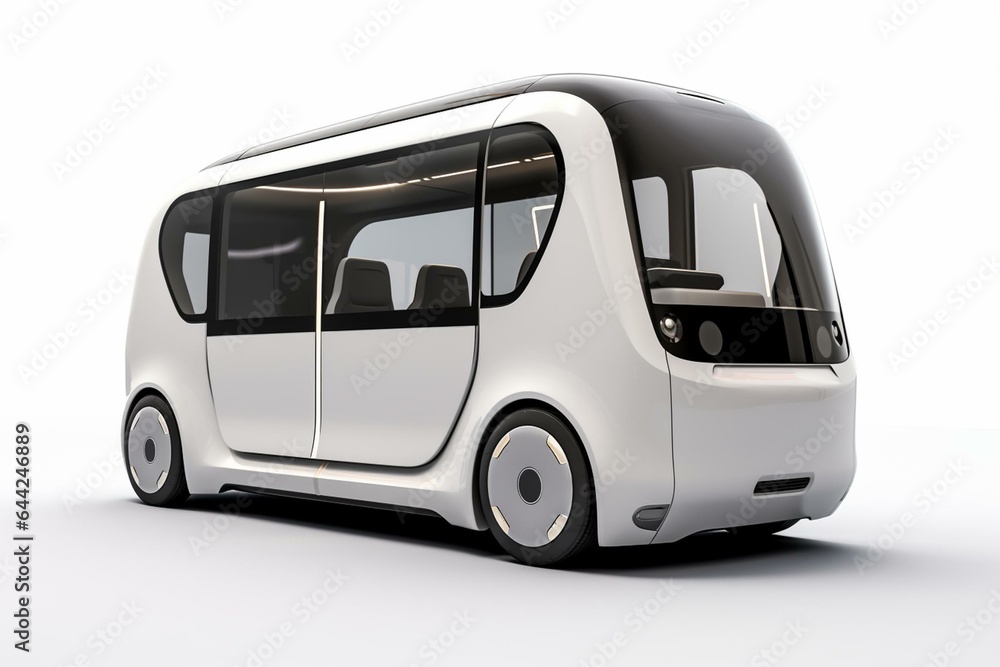 White self-driving shuttle bus with open door on a white background. Generative AI