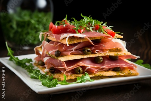 Delectable, crispy bread layered with savory jamon slices. Generative AI