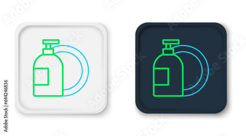 Line Dishwashing liquid bottle and plate icon isolated on white background. Liquid detergent for washing dishes. Colorful outline concept. Vector
