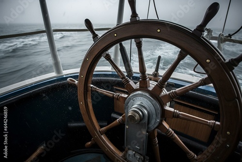 Stormy seas steering wheel. Generative AI