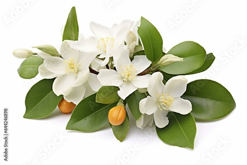 White neroli blossom with flowers, buds, and leaves set against a white background. Citrus trees like oranges are blooming. Generative AI photo