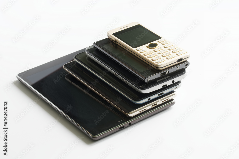 Smartphones, digital tablet and mobile phone of different generations on a white background. Modern digital gadgets. Type-c and micro USB connectors. Copy space Smartphones, digital tablet and mobile phone of different generations on a white background. Modern digital gadgets. Type-c and micro USB connectors. Copy space