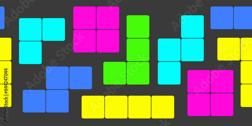 Puzzle video game with colorful falling blocks on a dark gray background. Seamless border. Vector illustration back to the 90s.