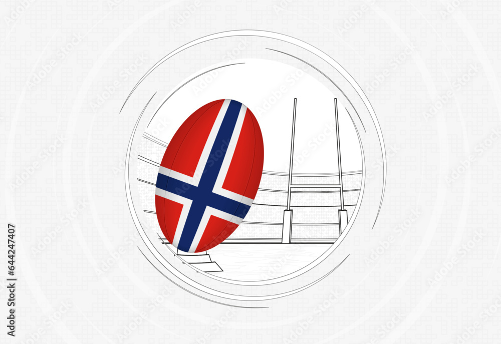 Norway flag on rugby ball, lined circle rugby icon with ball in a crowded stadium. Norway flag on rugby ball, lined circle rugby icon with ball in a crowded stadium.