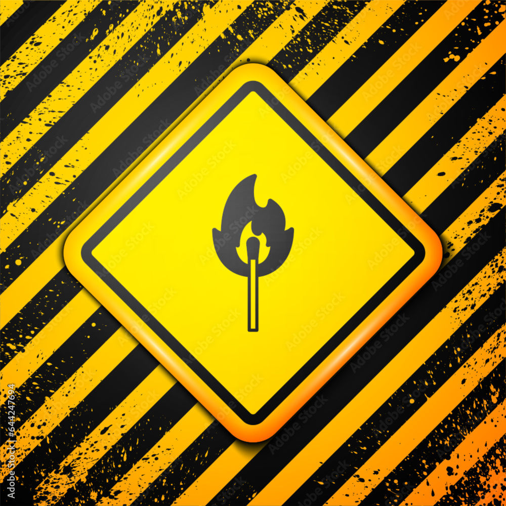 Black Burning match with fire icon isolated on yellow background. Match with fire. Matches sign. Warning sign. Vector Black Burning match with fire icon isolated on yellow background. Match with fire. Matches sign. Warning sign. Vector