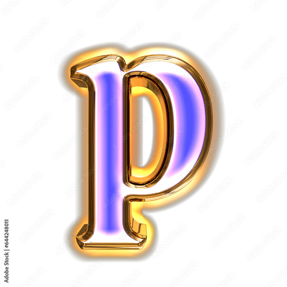 Blue symbol in a golden frame with glow. letter p Blue symbol in a golden frame with glow. letter p