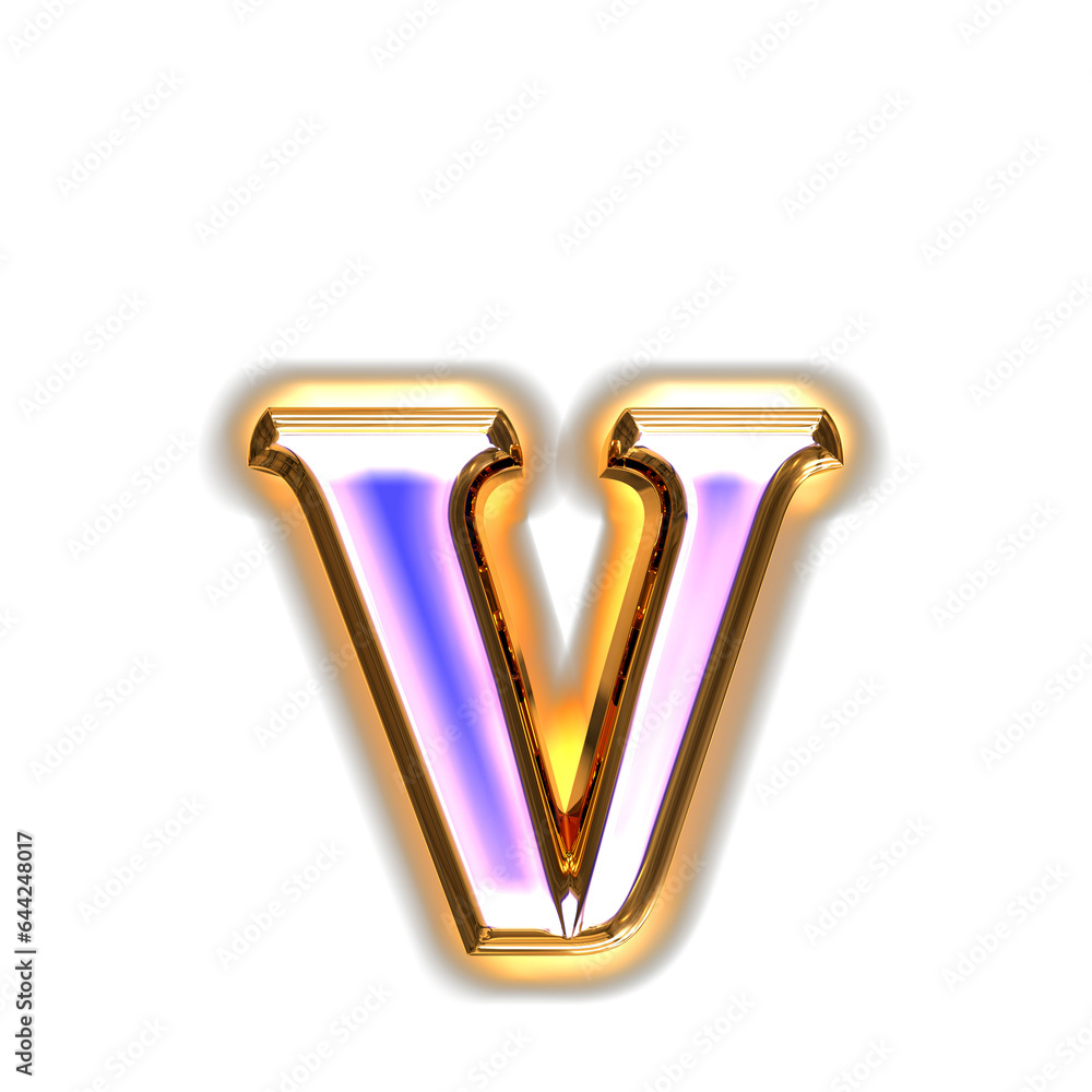 Blue symbol in a golden frame with glow. letter v Blue symbol in a golden frame with glow. letter v