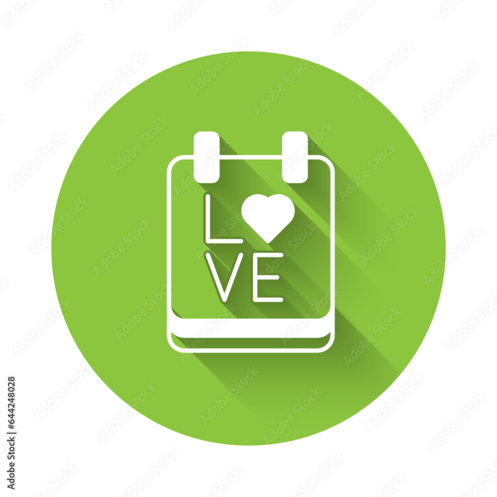 White Calendar with February 14 icon isolated with long shadow background. Valentines day. Love symbol. Green circle button. Vector White Calendar with February 14 icon isolated with long shadow background. Valentines day. Love symbol. Green circle button. Vector