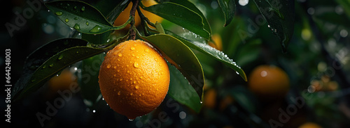 Print op canvas micro shot close up of a fresh orange fruit hanged on tree with water drops dew