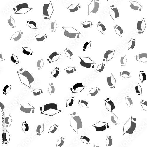 Black Graduation cap icon isolated seamless pattern on white background. Graduation hat with tassel icon. Vector