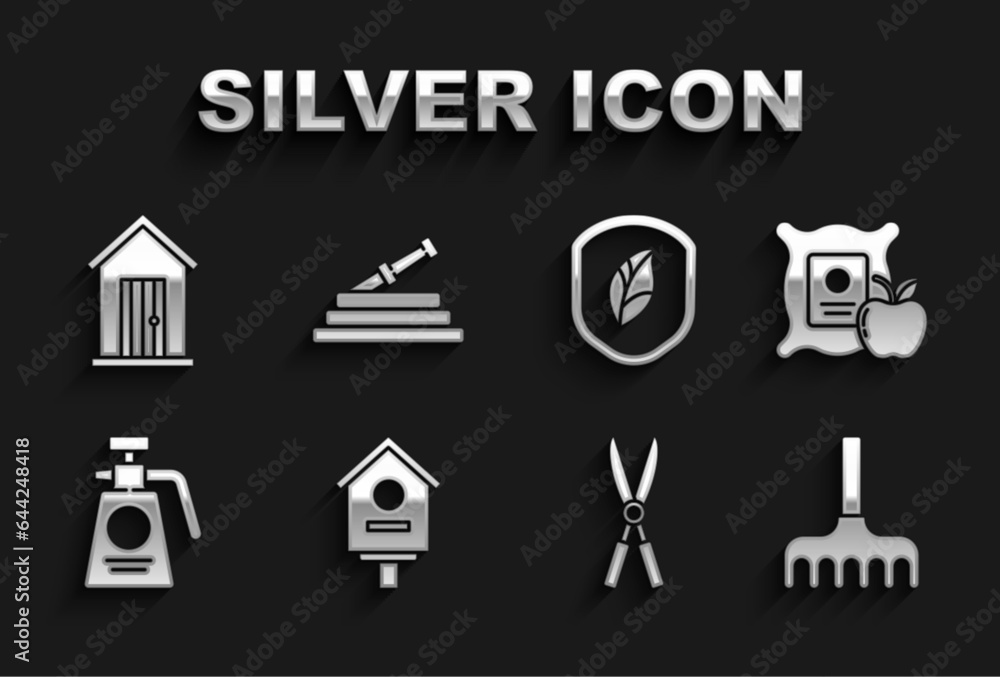 Set Bird house, Apple in the sack, Garden rake, Gardening handmade scissors, sprayer for fertilizer, Shield with leaf, Farm and hose fire hose icon. Vector Set Bird house, Apple in the sack, Garden rake, Gardening handmade scissors, sprayer for fertilizer, Shield with leaf, Farm and hose fire hose icon. Vector
