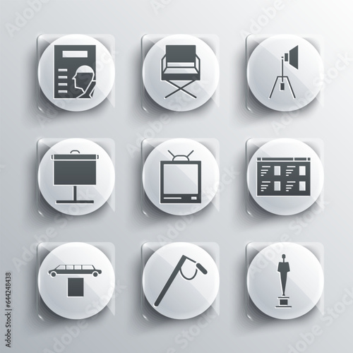 Set Microphone, Movie trophy, Online play video, Retro tv, Limousine car and carpet, Projection screen, Cinema poster and spotlight icon. Vector