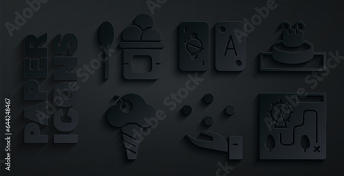 Set Juggling ball, Fountain, Ice cream waffle cone, Amusement park map, Tarot cards and bowl icon. Vector