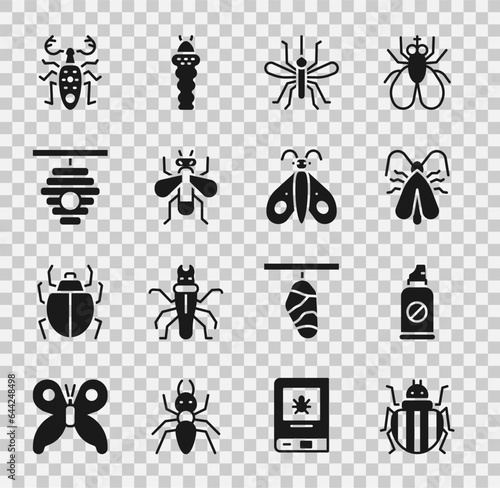 Set Colorado beetle, Spray against insects, Clothes moth, Mosquito, Insect fly, Hive for bees, Beetle deer and Butterfly icon. Vector © Kostiantyn