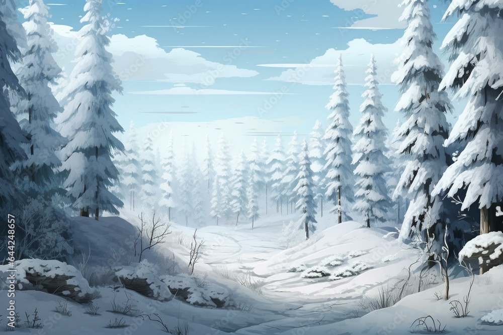 Winter landscape featuring snowy woods background in a serene and realistic 3D illustration. Generative AI