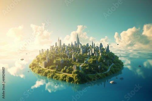 Ecological city concept for decarbonization and reducing CO2 emissions under a blue sky. Generative AI © Amaya