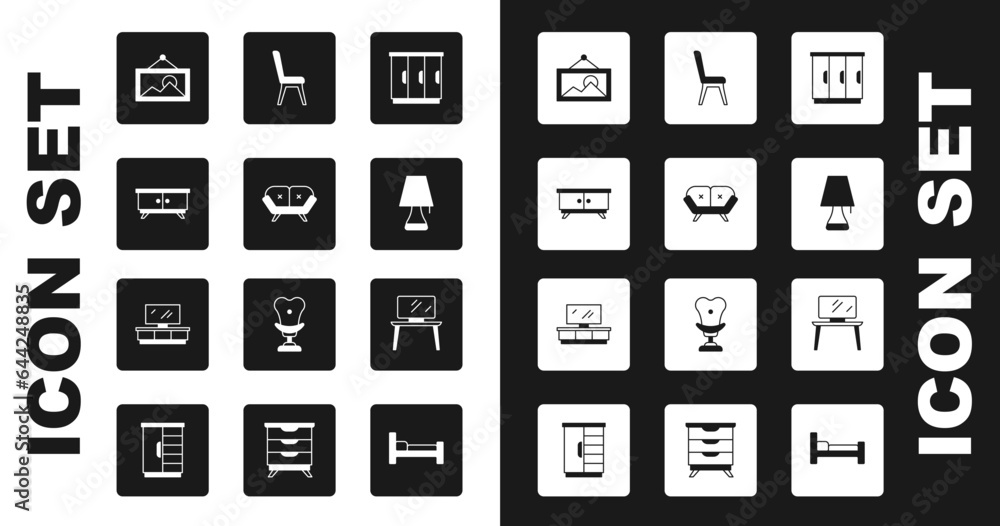 Set Wardrobe, Sofa, Furniture nightstand, Picture, Table lamp, Chair, TV table and icon. Vector Set Wardrobe, Sofa, Furniture nightstand, Picture, Table lamp, Chair, TV table and icon. Vector